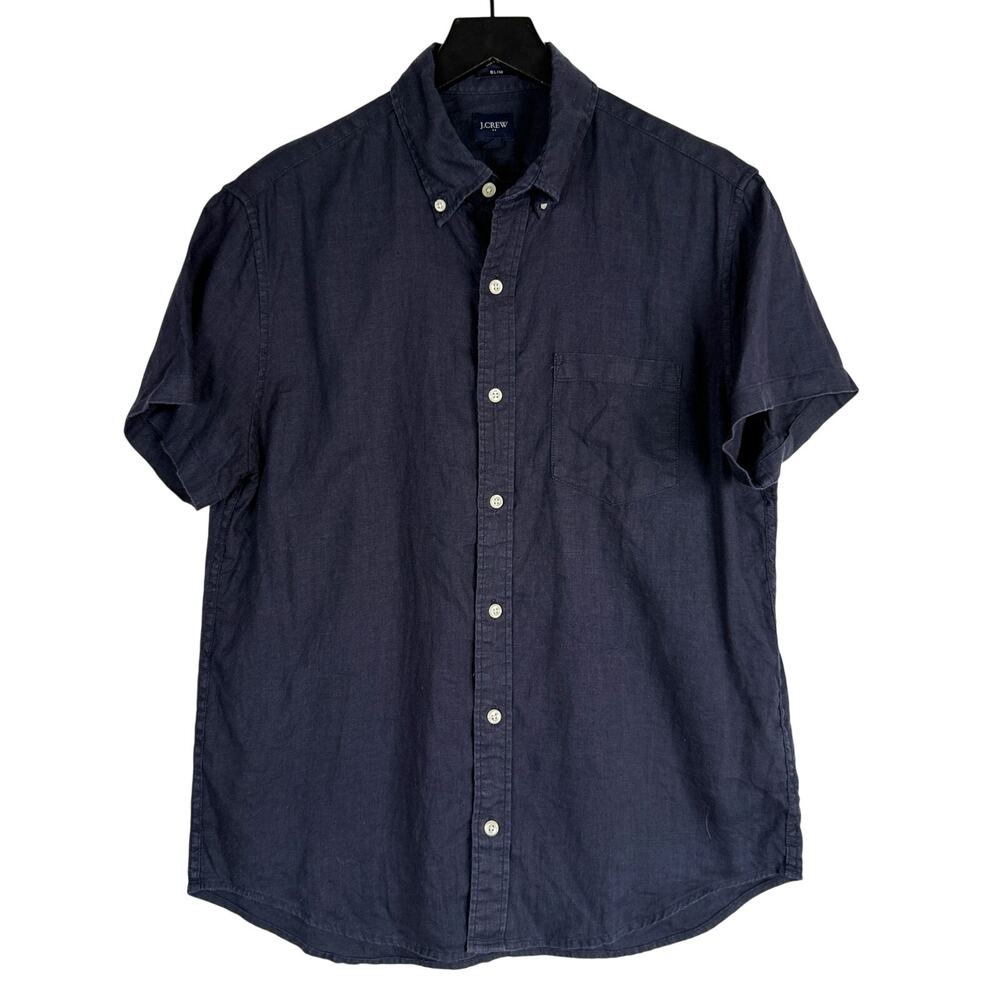 J.Crew Mens Slim Fit Linen Cotton Button Down Shirt Navy Blue - M